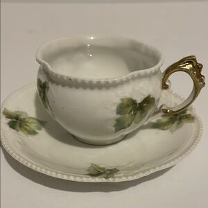 Vintage Floral Teacup and Saucer with Gold Handle